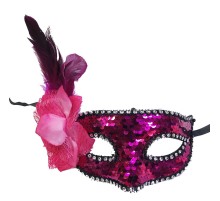 Fuşya Renk Yandan Tüylü Pullu Yılbaşı Parti Maskesi