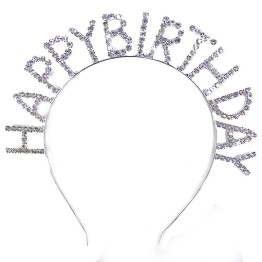 Gümüş Renk Metal Taşlı Happy Birthday Yazılı Doğum Günü Tacı