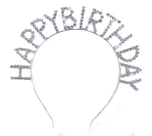 toptan-xml-dropshipping-Kristal Taşlı Gümüş Renk Happy Birthday Doğum Günü Tacı