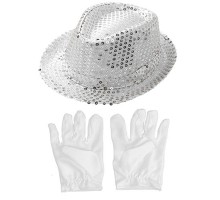 Gümüş Renk Payetli Çocuk Şapkası ve Beyaz Renk Çocuk Eldiveni