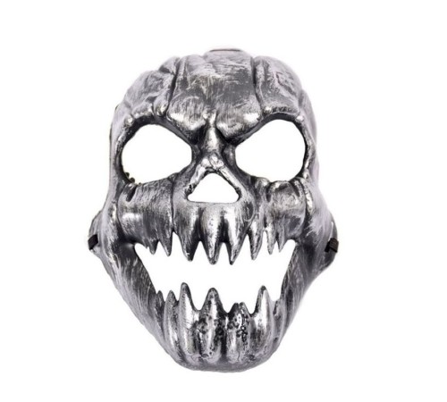 toptan-xml-dropshipping-Gümüş Renk Sivri Dişli Halloween Kafatası Maskesi