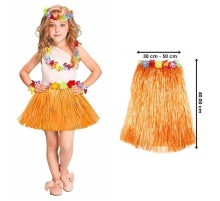 Yetişkin ve Çocuk Uyumlu Turuncu Renk Püsküllü Hawaii Luau Hula Etek 40 cm