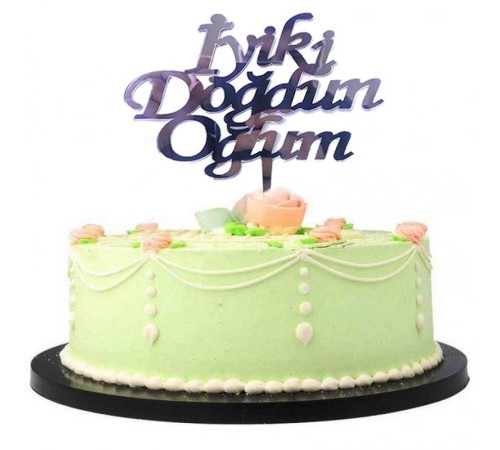 toptan-xml-dropshipping-İyiki Doğdun Oğlum Yazılı Doğum Günü Partisi Pleksi Pasta Süsü Gümüş Renk