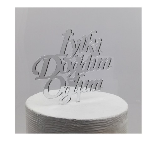 toptan-xml-dropshipping-İyiki Doğdun Oğlum Yazılı Doğum Günü Partisi Pleksi Pasta Süsü Gümüş Renk