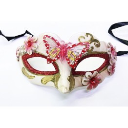 Kelebek İşlemeli Masquerade Venedik Maskesi Kırmızı Renk 7x16 cm