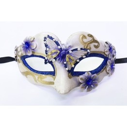 Kelebek İşlemeli Masquerade Venedik Maskesi Mavi Renk 7x16 cm