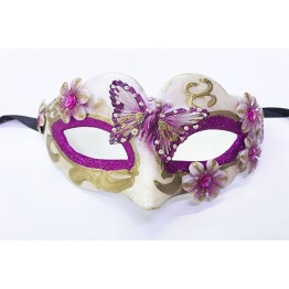 Kelebek İşlemeli Masquerade Venedik Maskesi Mor Renk 7x16 cm