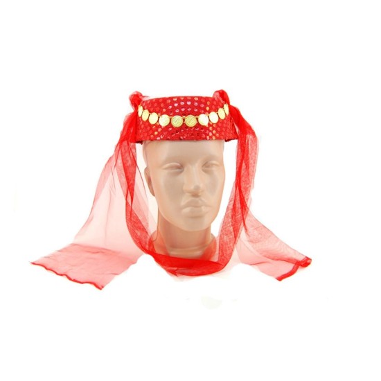 toptan-xml-dropshipping-Kırmızı Duvaklı Altın Pul İşlemeli Kına Fesi Kına Şapkası Oryantal Şapkası