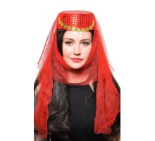 Kırmızı Duvaklı Altın Pul İşlemeli Kına Fesi Kına Şapkası Oryantal Şapkası