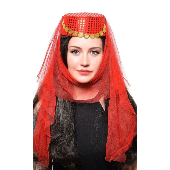 toptan-xml-dropshipping-Kırmızı Duvaklı Altın Pul İşlemeli Kına Fesi Kına Şapkası Oryantal Şapkası