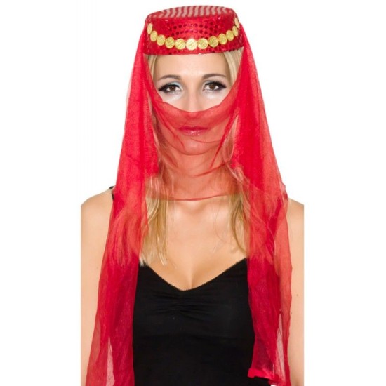 toptan-xml-dropshipping-Kırmızı Duvaklı Altın Pul İşlemeli Kına Fesi Kına Şapkası Oryantal Şapkası