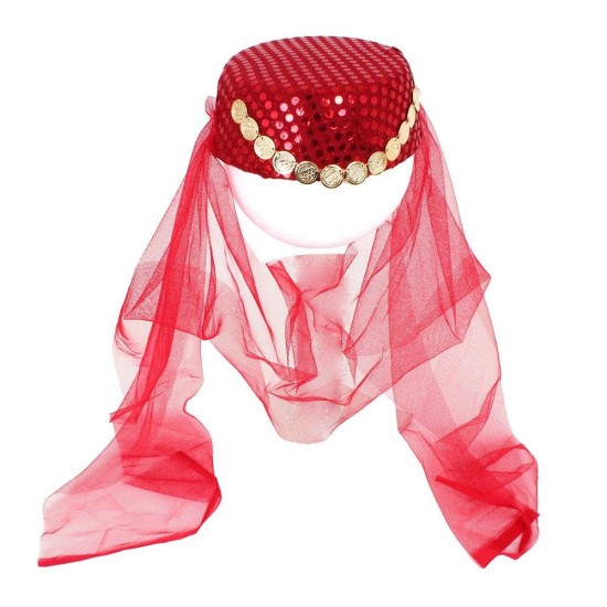 toptan-xml-dropshipping-Kırmızı Duvaklı Altın Pul İşlemeli Kına Fesi Kına Şapkası Oryantal Şapkası