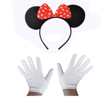 Kırmızı Fiyonklu Minnie Mouse Tacı ve Beyaz Eldiven Seti