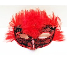 Kırmızı Renk Kırmızı Tüllü Pul İşlemeli Yılbaşı Parti Maskesi