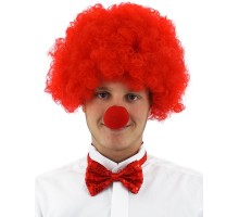 Kırmızı Renk Kıvırcık Afro Bonus Peruk Takma Saç ve Kırmızı Burun Seti