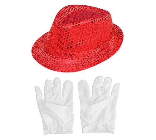 toptan-xml-dropshipping-Kırmızı Renk Payetli Çocuk Şapkası ve Beyaz Renk Çocuk Eldiveni