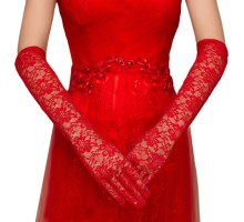 Kırmızı Renk Uzun Boy Dantelli Eldiven