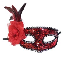 Kırmızı Renk Yandan Tüylü Pullu Yılbaşı Parti Maskesi