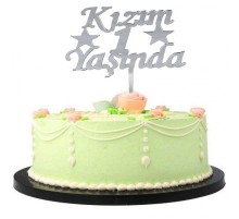 Kızım 1 Yaşında İlk Yaş Doğum Günü Partisi Pleksi Pasta Süsü Gümüş Renk