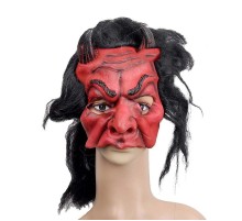 Lateks Korku Maskesi Şeytan Boynuzlu Kırmızı Maske Saçlı