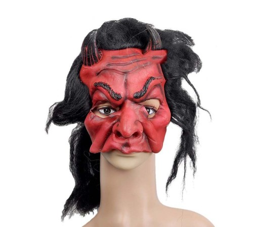 toptan-xml-dropshipping-Lateks Korku Maskesi Şeytan Boynuzlu Kırmızı Maske Saçlı