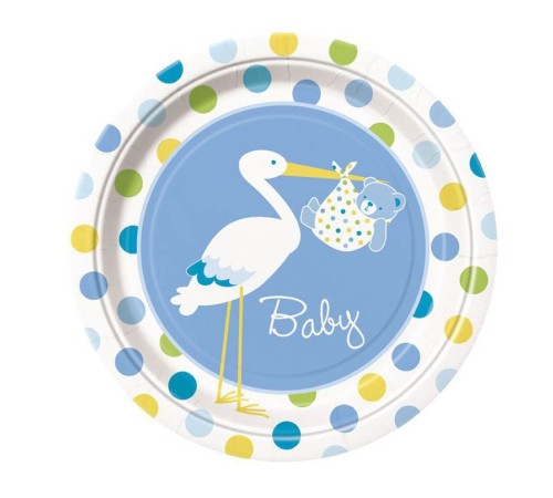 toptan-xml-dropshipping-Leylek Temalı Mavi Renk Erkek Baby Boy Stork Baby Shower Parti Tabağı 8 Adet
