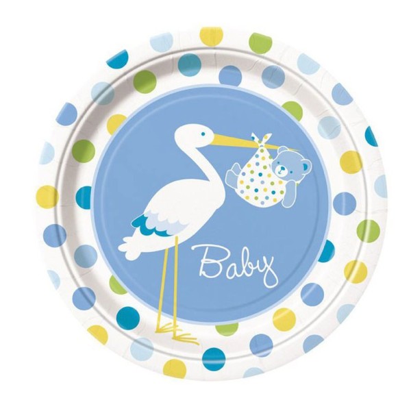 toptan-xml-dropshipping-Leylek Temalı Mavi Renk Erkek Baby Boy Stork Baby Shower Parti Tabağı 8 Adet