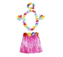 Yetişkin ve Çocuk Uyumlu Luau Aloha Hawaii Pembe Etek ve Renkli Kolye Taç 2 Adet Bileklik Seti
