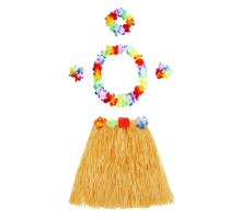 Yetişkin ve Çocuk Uyumlu Luau Aloha Hawaii Turuncu Etek ve Renkli Kolye Taç 2 Adet Bileklik Seti