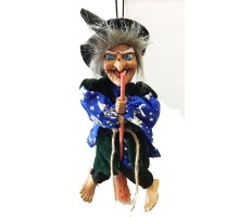 Mavi Elbiseli Asma Aparatlı Sesli Işıklı Sensörlü Şekil Verilebilir Dekoratif Cadı 25 cm