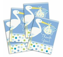 Mavi Renk Baby Stork Baby Shower Teşekkür Zarfı ve Not Seti 8 Adet