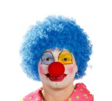 Mavi Renk Kıvırcık Afro Bonus Peruk Takma Saç ve Kırmızı Burun Seti