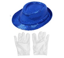 Mavi Renk Payetli Çocuk Şapkası ve Beyaz Renk Çocuk Eldiveni