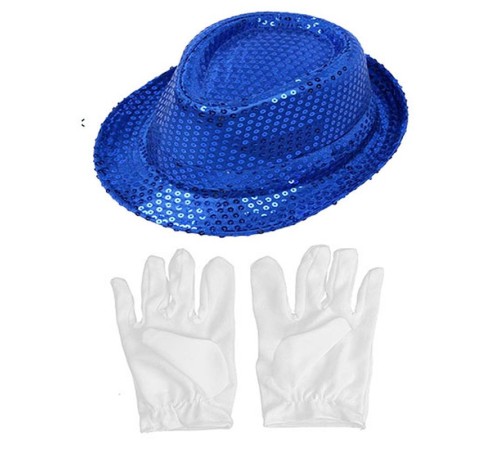 toptan-xml-dropshipping-Mavi Renk Payetli Çocuk Şapkası ve Beyaz Renk Çocuk Eldiveni
