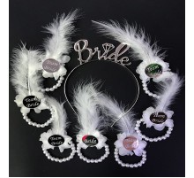 Metal Bride Tacı ve İncili Nedime Bilekliği Gümüş Renk Pleksili Beyaz Otrişli 7 Adet