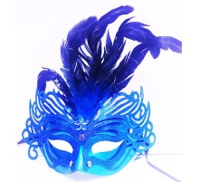 Metalize Mavi Renk Tüylü Lüks Venedik Parti Balo Maskesi
