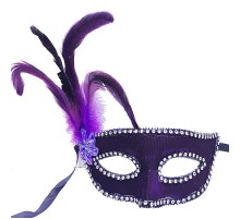 Mor Renk Kumaş Kaplama Yandan Tüylü Yılbaşı Parti Maskesi
