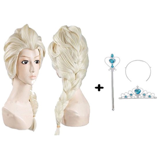 toptan-xml-dropshipping-Örgülü Karlar Ülkesi Frozen Elsa Peruğu Tacı ve Sopası Çocuk Boy