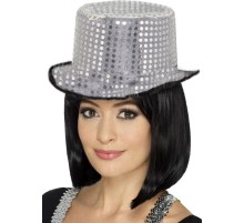 Parlak Pul İşlemeli Siyah Gümüş Renk Yetişkin Fötr Parti Şapkası
