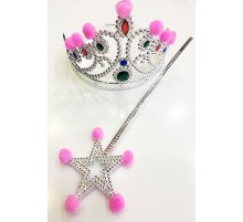 Pembe Ponponlu Gümüş Renk Prenses Tacı ve Gümüş Renk Prenses Asası