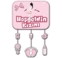 Pembe Renk Hoşgeldin Kızım Temalı Kapı Süsü Süsleme 40x60 cm