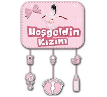 Pembe Renk Hoşgeldin Kızım Temalı Kapı Süsü Süsleme 40x60 cm