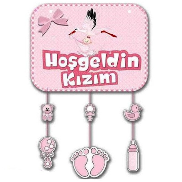 toptan-xml-dropshipping-Pembe Renk Hoşgeldin Kızım Temalı Kapı Süsü Süsleme 40x60 cm