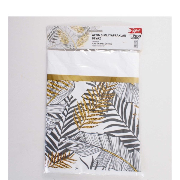toptan-xml-dropshipping-Plastik Masa Örtüsü Altın Simli Yapraklar 120x180 cm