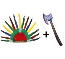 Rengarenk Kızılderili Tüylü Başlık ve Plastik Kızılderili Baltası