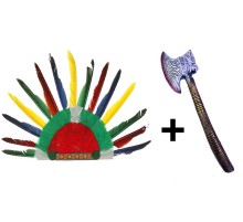 Rengarenk Kızılderili Tüylü Başlık ve Plastik Kızılderili Baltası