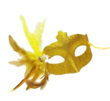 Sim İşlemeli İnci Boncuk Detaylı Tüylü Balo Maskesi Altın Renk 13x18 cm