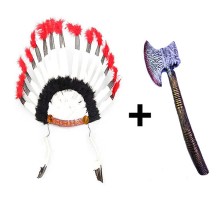 Siyah Beyaz Kızılderili Tüylü Başlık ve Plastik Kızılderili Baltası