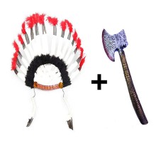 Siyah Beyaz Kızılderili Tüylü Başlık ve Plastik Kızılderili Baltası