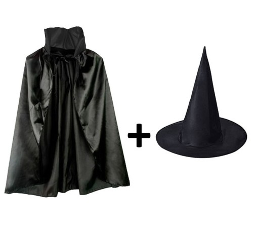 toptan-xml-dropshipping-Siyah Yakalı Pelerin ve Siyah Cadı Şapkası Seti Çocuk Boy